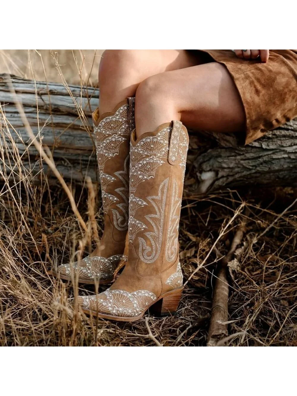 Women's Brown Durable 3D Rhinestone Knee High Sparkly Embroidery Western Boots